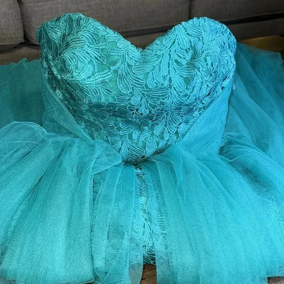 NWT MONIQUE LHUILLER Elegant Designer Luxury Gown Dress Style 443857 Teal $650 - Picture 2 of 15